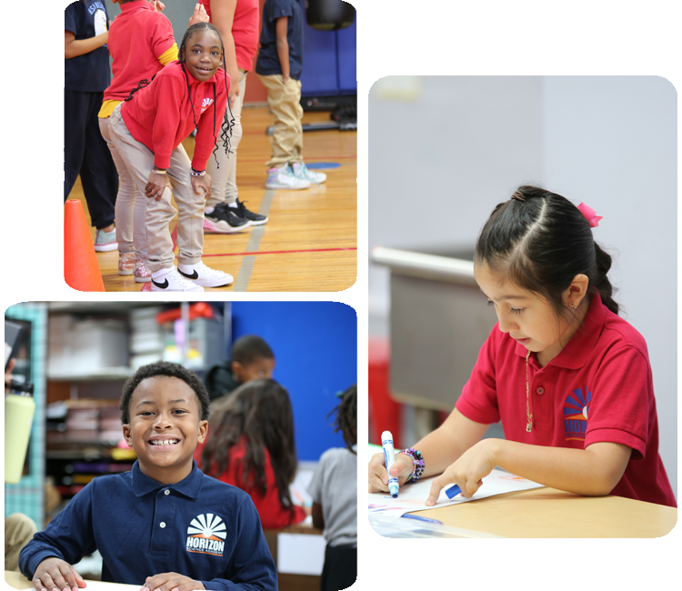 Collage showcasing various student activities including academics, science, and hands-on projects.